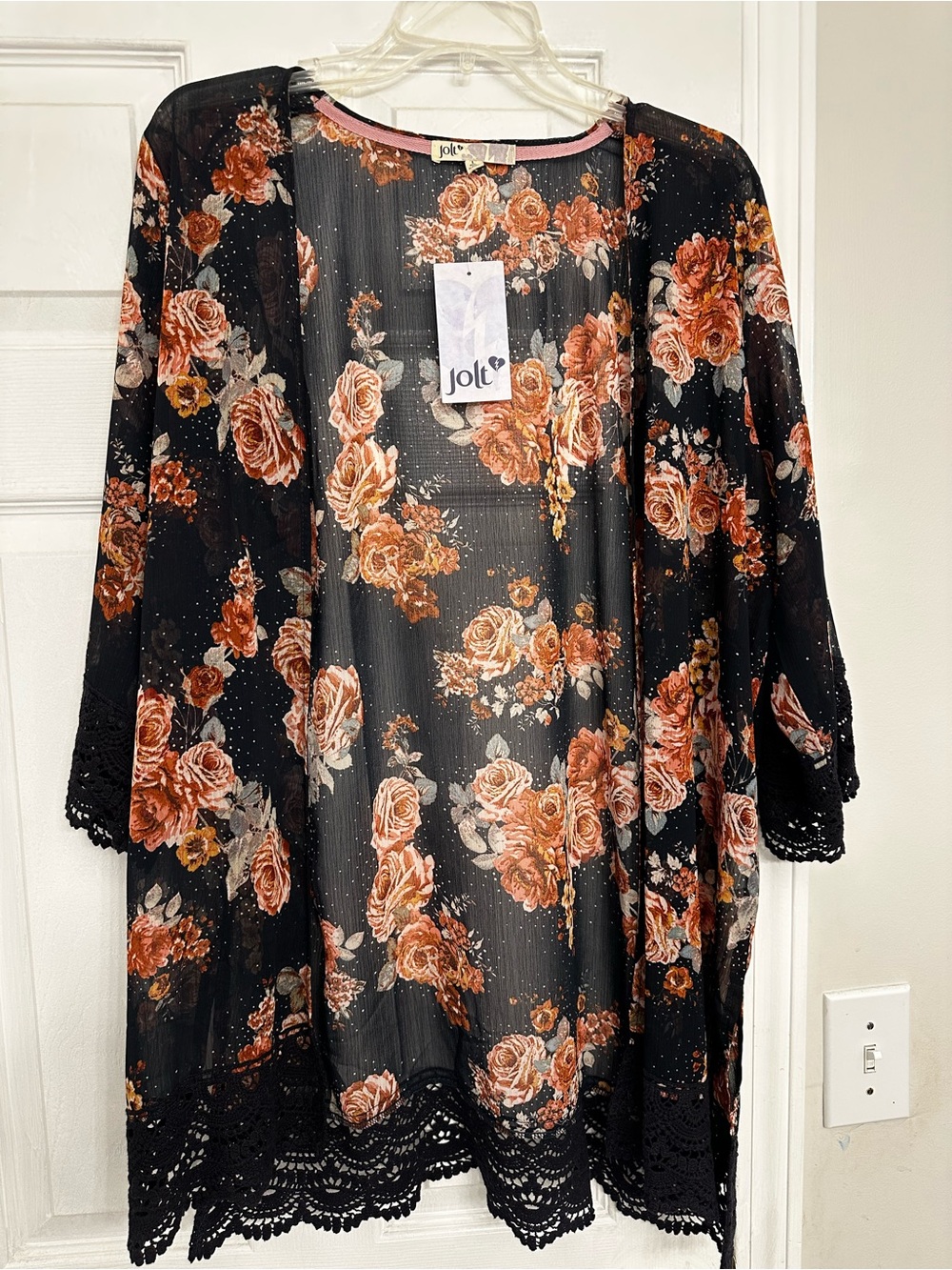 Jolt Dark Blue Floral Lace-Trim Sheer Kimono with Rust Roses